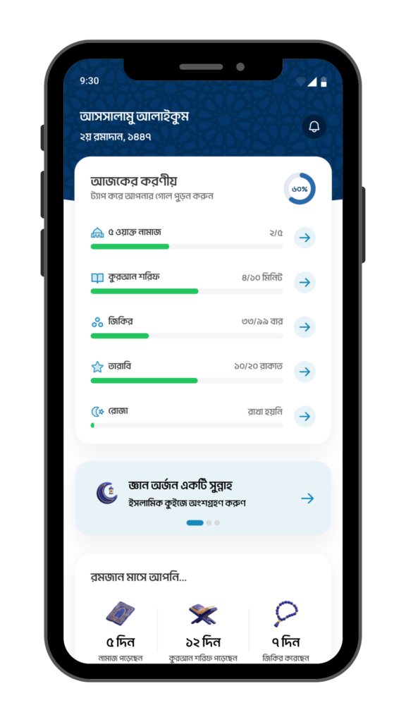 At a glance dashboard view of amar deen habit tracker app
