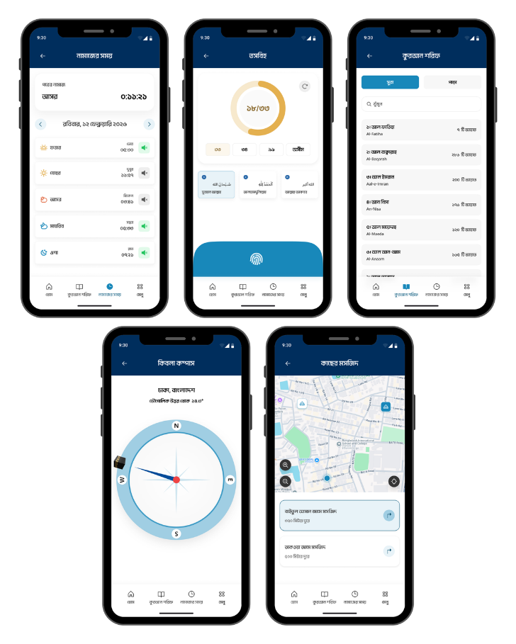 Phone screens collage Image of Amar deen islamic habit tracker app showing Namaj timing, Tasbeeh, Quran telawat, Qiblah Compass, Nearby Mosque features